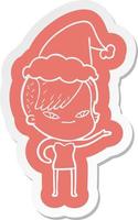 cute cartoon  sticker of a girl with hipster haircut wearing santa hat vector