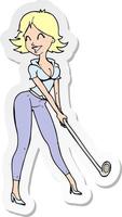 pegatina de una mujer de dibujos animados jugando al golf vector