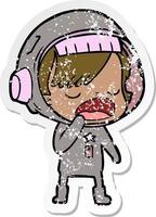 distressed sticker of a cartoon astronaut woman yawning vector