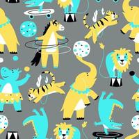 Cheerful seamless pattern with circus animals on a gray background for a boy vector