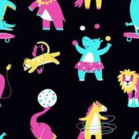 Cheerful multicolored seamless pattern with circus of animals on a dark background vector