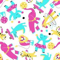 Cheerful multicolored seamless pattern with circus animals scattered on a white background vector