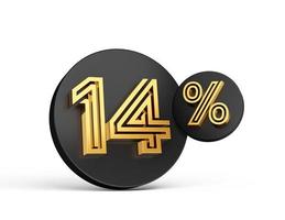 Royal Gold Modern Font. Elite 3D Digit Letter 14  Fourteen percent on Black 3d button icon 3d Illustration photo