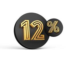 Royal Gold Modern Font. Elite 3D Digit Letter 12 Twelve percent on Black 3d button icon 3d Illustration photo