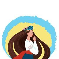 A girl in a wreath and Ukrainian national clothes is praying. Vector illustration in flat style