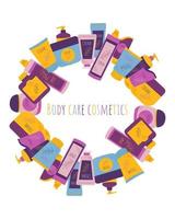 frascos y tubos con banner de cosméticos o tarjeta de felicitación. cosméticos para el cuidado del cuerpo. ilustración vectorial en estilo plano vector