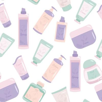 Jars and tubes with cosmetics seamless pattern. Body care cosmetics. Vector illustration in flat style