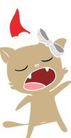 flat color illustration of a singing cat wearing santa hat vector