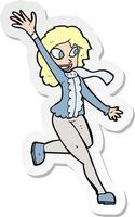 sticker of a cartoon woman waving dressed for winter vector