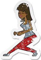 retro distressed sticker of a cartoon crazy dancing girl vector