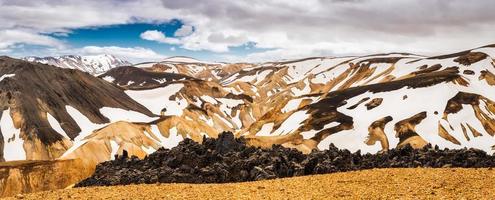 mirador del sendero brennisteinsald con montaña volcánica cubierta de nieve en landmannalaugar en las tierras altas de islandia foto