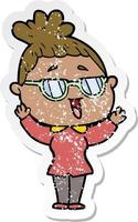 distressed sticker of a cartoon happy woman wearing spectacles vector