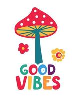 Lettering with a mushroom pattern in the retro style of the 70s. Waves of positive multicolored inscription. Vector illustration