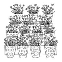 Coloring page with flower shop. Many basket with tulips. Coloring page for children and adults vector