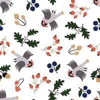 Seamless autumn pattern with waxwing birds, berries and mushrooms isolated on a white background. Fall graphic print. vector