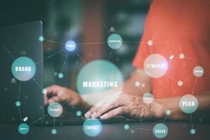 Marketers use laptops to analyze marketing strategies, modern marketing business ideas, use online technologies and advertising through websites and media, to plan future growth. photo
