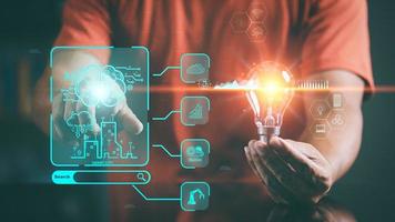 Businessmen connect AI intelligent brain network through cyberspace technology innovation, artificial intelligence connection concept via online software, automation innovation via cloud computing. photo