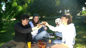 los amigos se sientan en una manta en el parque con bebidas y acarician a un gran perro labrador blanco video