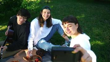 amigos estão juntos em um parque com pizza e cerveja tiram uma selfie com uma câmera video