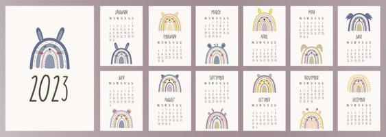 Calendar 2023 template. Monthly calendar 2023 with boho cute animals rainbows bunny, fox, lion, cat, girafe. Trendy colors, cartoon style. Starts on Monday. A modern calendar for kids. Design Template vector