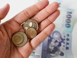 a hand holding 1 yuan and 10 yuan Taiwan coin, isolated on a white background. photo