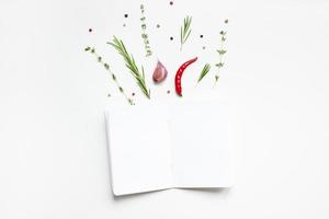 Blank notepad pages with greens herbs and spices photo