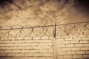 White Brick Wall and Barbed Wire photo