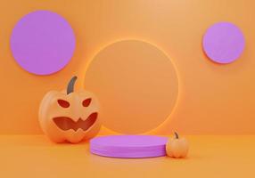 Halloween 3d podium background pumpkin orange for the platform product display, Jack O Lantern pumpkin 3D render illustration for Halloween background on orange color. photo