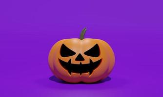 Halloween background 3d rendering. Spooky head pumpkin scary scene on purple background.  Illustration design for Halloween background. photo