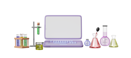 Computador portátil 3D com copo, tubo de ensaio, kit de experimentos científicos, espaço isolado. sala de educação inovadora on-line, conceito de maquete de modelo, ilustração de renderização 3d png