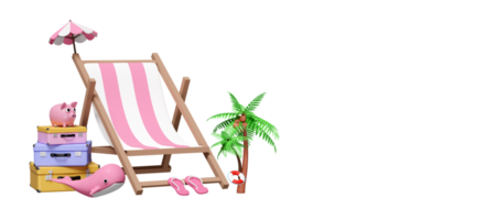 Viaje de verano en 3d con pila de maletas, silla de playa, paraguas, sandalias, palmera, ballena, alcancía, espacio aislado. concepto de viaje de verano, ilustración de presentación 3d png