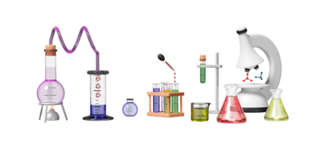 Kit de experimento científico 3D com lâmpada de álcool, copo, tubo de ensaio, microscópio isolado. conceito de educação inovadora online em sala de aula, ilustração de renderização 3d png