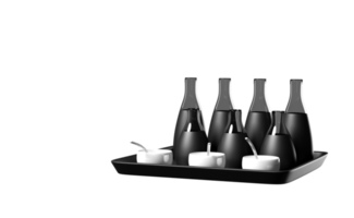 3d soy sauce bottles set with tray, cup of sauce, spoon isolated. trendy style concept, 3d render illustration png