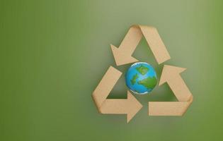 Planet earth with cardboard recycling arrows on green background. 3D rendering, 3D illustration photo