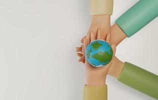 People's hands to support world on white background. 3D rendering, 3D illustration photo