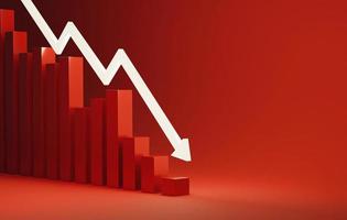 White arrow pointing down with declining bar graph on red background. 3D rendering, 3D illustration photo