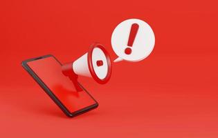 Megaphone with security alert chat bubble and smartphone isolated on red background. 3D rendering, 3D illustration photo