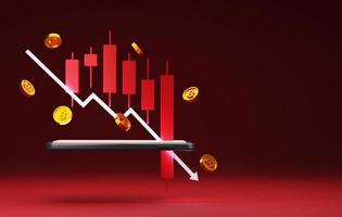 Arrow with red candlestick downward and bitcoin coin price on smartphones. 3D rendering, 3D illustration photo