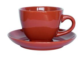 empty red cup and saucer isolated on white with clipping path photo