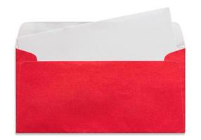 open red envelope with blank letter isolated on white background photo