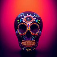 Mexican sugar skull black skull with floral and sunset background photo