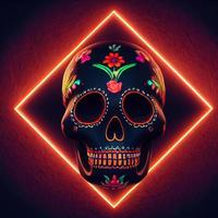 Mexican sugar skull black skull in a neon frame photo