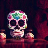 Mexican sugar skull white skull with floral paint and vase photo