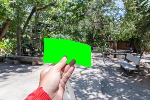 mano sosteniendo una tarjeta verde en blanco. con la naturaleza verde borrosa como fondo. foto