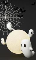 Happy Halloween party posters set with night clouds and pumpkins in cartoon illustration. Full moon and boo ghost with haunted house Place for text. Brochure background. 3d render cartoon character photo