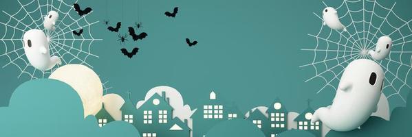 Happy Halloween party posters set with night clouds and pumpkins in cartoon illustration. Full moon and boo ghost with haunted house Place for text. Brochure background. 3d render cartoon character photo