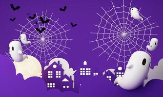 Happy Halloween party posters set with night clouds and pumpkins in cartoon illustration. Full moon and boo ghost with haunted house Place for text. Brochure background. 3d render cartoon character photo