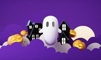 Happy Halloween party posters set with night clouds and pumpkins in cartoon illustration. Full moon and boo ghost with haunted house Place for text. Brochure background. 3d render cartoon character photo