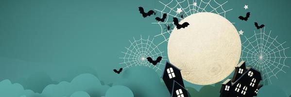 Happy Halloween party posters set with night clouds and pumpkins in cartoon illustration. Full moon and boo ghost with haunted house Place for text. Brochure background. 3d render cartoon character photo