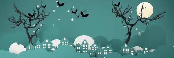 Happy Halloween party posters set with night clouds and pumpkins in cartoon illustration. Full moon and boo ghost with haunted house Place for text. Brochure background. 3d render cartoon character photo